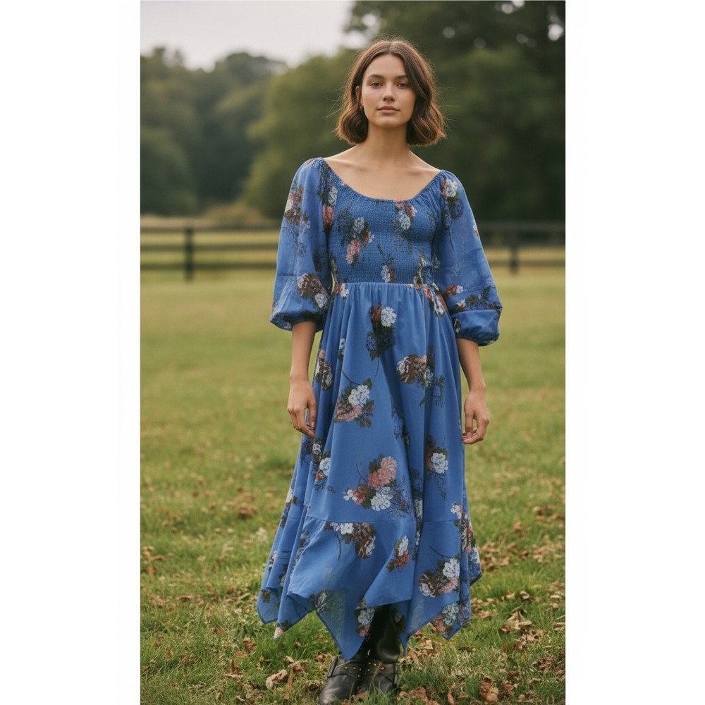 Free People Morning Glory Floral Smocked Long Sleeve Maxi Dress boho sz S